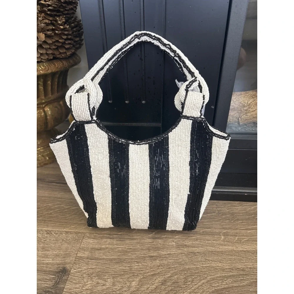 Handcrafted Beaded Black & White Striped Mini HandBag India NWT TikTok Viral